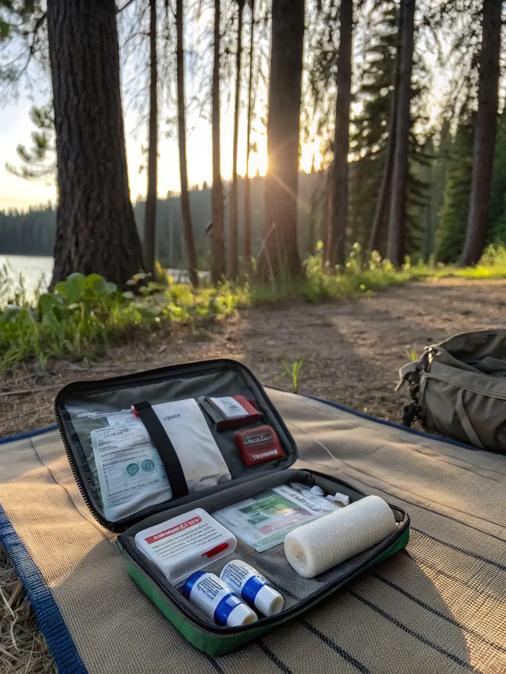 A close-up shot of various essential hiking gear items neatly arranged on a wooden surface, including a backpack, hiking boots, first aid kit, and water bottle.
