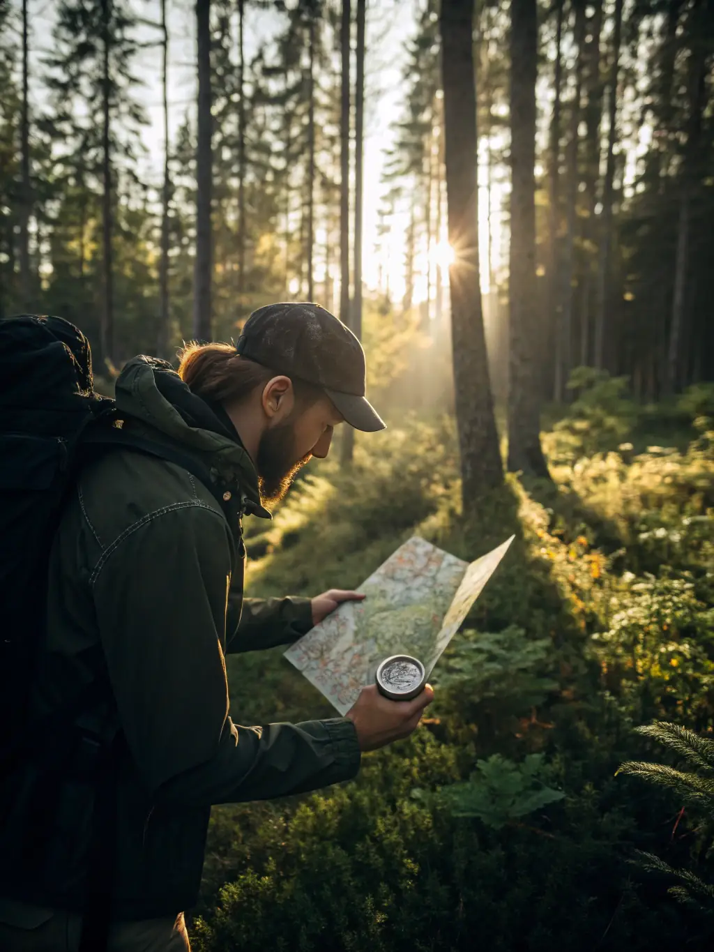 A detailed photograph of a hiker checking a map in a dense forest, sunlight filtering through the trees, emphasizing the importance of navigation skills.
