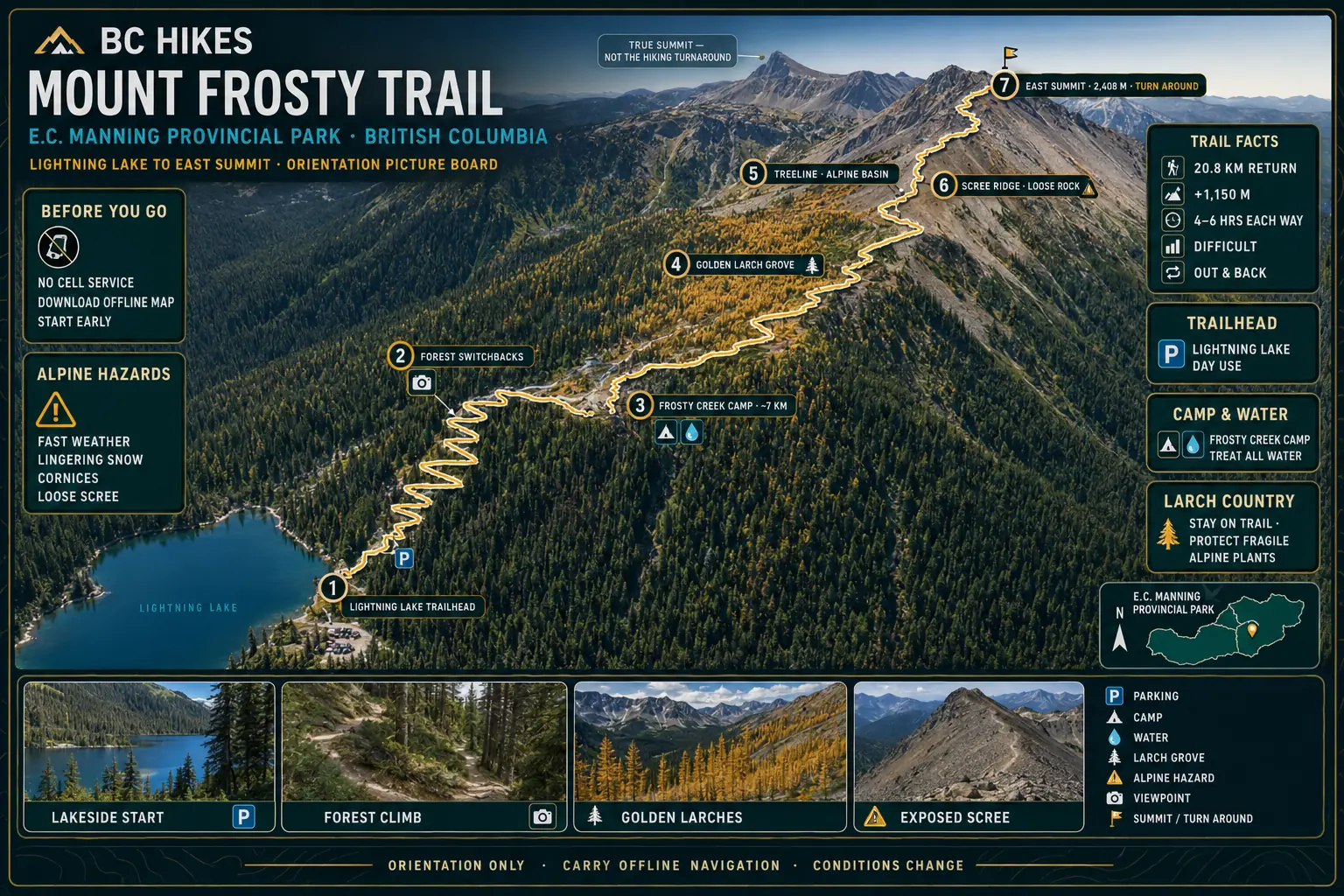 BC Hikes Mount Frosty orientation picture board showing the terrain-following route from Lightning Lake to the east summit